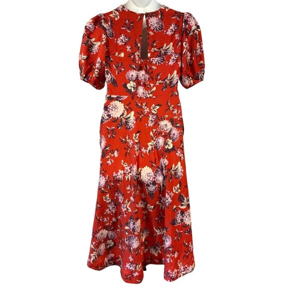 Anthropologie Maeve Puff-Sleeve Red Floral Midi Dress Size 12P - Picture 2 of 9